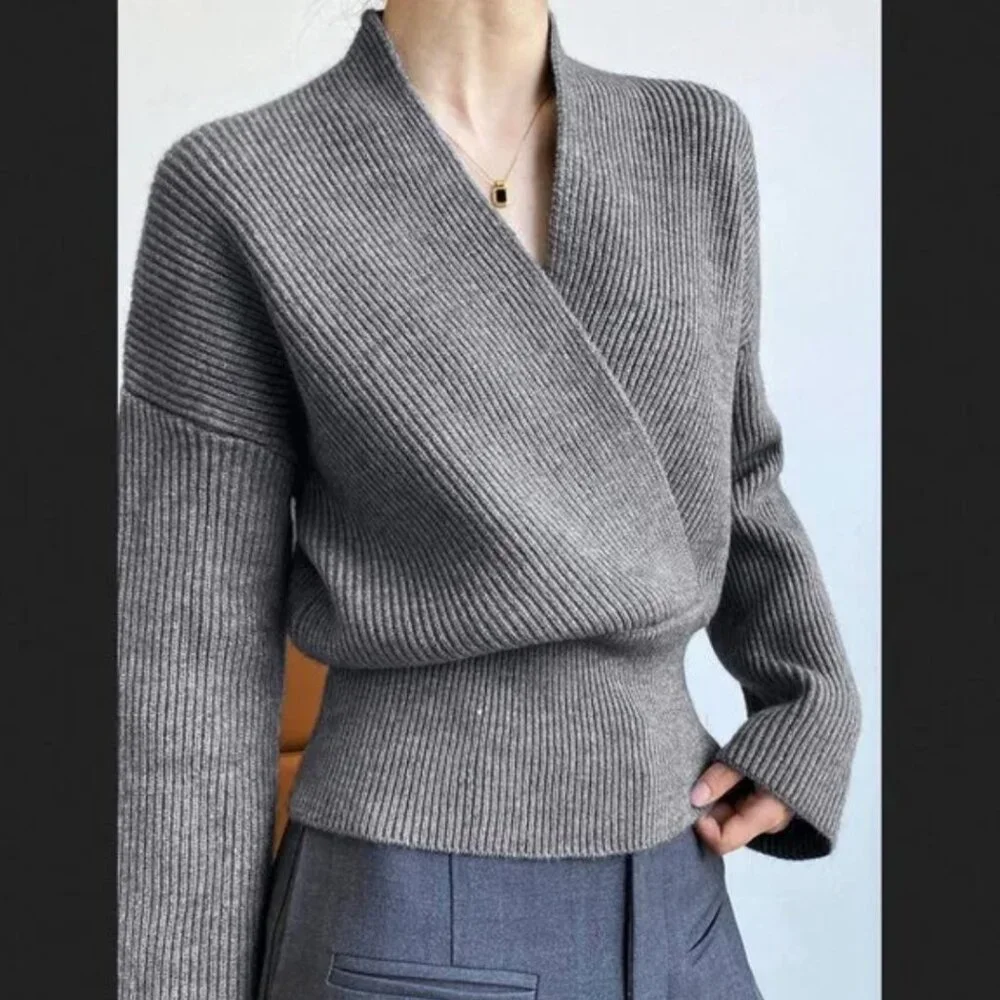 NWT Women's Commense Gray She's Effortless Wrap Sweater Ribbed Knit LARGE - Picture 2 of 4